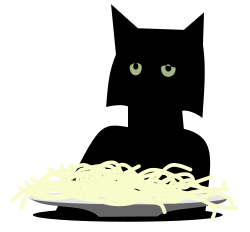 clipart of depressed black cat sitting at a table with a portion of spaghetti